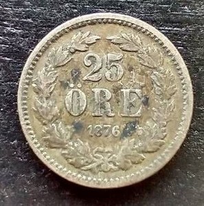 1876 Sweden Silver 25 Ore