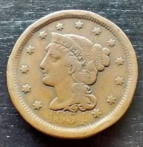 1854 Braided Hair Large Cent Penny