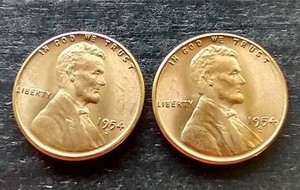 (2) Bright Red 1954-S Wheat Pennies