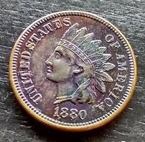 Stunning 1880 Indian Head Cent  Beautiful Rainbow Toning & Sharp Detail