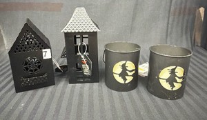 Halloween Decoration lot - 2 metal houses and 2 LED light up candles with witches on front