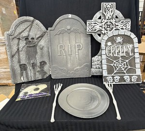 Halloween decoration lot - Four Styrofoam gravestones, googly eyes, skeleton, hands, and more