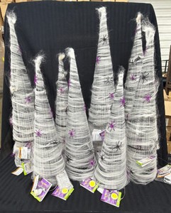 Large lot of various sizes Halloween light up spiderweb trees. Most of them stand approximately 36 inches tall & light up purple as well