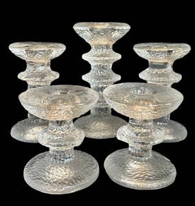 LR - Vintage Iittala Festivo Ice Glass Candleholders by Timo Sarpaneva - Mixed Set of 5 (Finland)