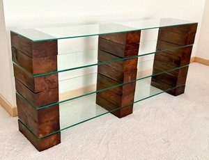 LL - Brutalist Style Glass Shelf Console Table - Moveable Wood Block Supports