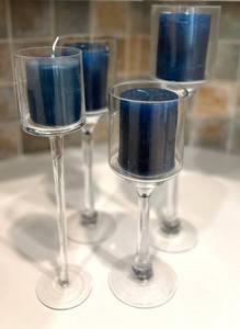 K - Glass Pedestal Candle Holders With Blue Candles (Lot of 4)
