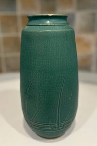 LR - Ceramic Vase - Teal Glazed Geometric Relief 12in H