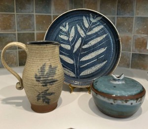 LR - Studio Pottery Pitcher, Leaf Platter & Covered Bowl Mixed Lot
