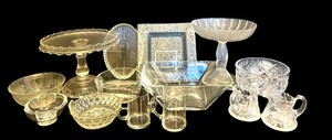 LR - Antique Glass Cake Stand, Antique Hobbs, Brockunier and Co Tree of Life with Hand Compote and More d