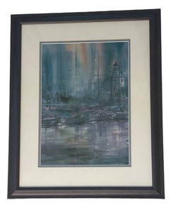 LR - Framed Harbor Painting - Sailboats & Lighthouse