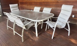 P - Homecrest Glass Top Patio Dining Table with Six Chairs