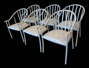 K - Set of 6 Amisco Industries Postmodern White Metal Barrel-Back Dining Chairs (1999)