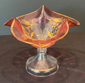 LR - Vintage Gilt Floral Glass Pedestal Bowl
