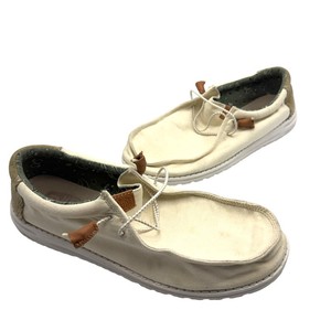 GUARANTEED AUTHENTIC  Hey Dude Canvas Shoes  Cream with Brown & Tan Accents Mens Size 12 Pre-Owned