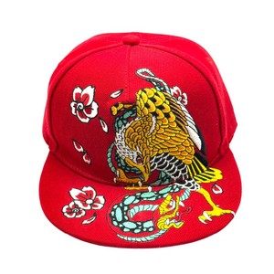 Red Embroidered Eagle Dragon Floral Snapback Flat Brim Hat - Pre-Owned