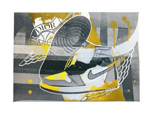 Nike Air Jordan 1 Sneaker Art Canvas  Dior-Inspired Black, Gray, White & Gold Pre-Owned 20H x 28W