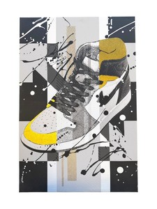 Nike Air Jordan 1 High Sneaker Canvas Art  Black, White & Gold Pre-Owned 36H x 24W