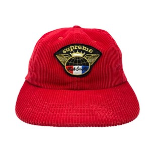 GUARANTEED AUTHENTIC  Supreme Red Corduroy 6-Panel Hat with Embroidered Winged Globe Patch - Pre-Owned