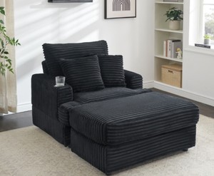 39-Inch Spring Upholstered Armchair and Ottoman Set, Comfortable Single Sofa with Cup Holder and Corduroy Fabric, Perfect for Living Room or Bedroom (Black)