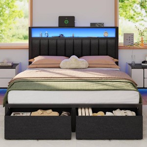 Queen Bed Frame with Storage Drawers and Upholstered Headboard hk-bf-009-cld-q-1-bw