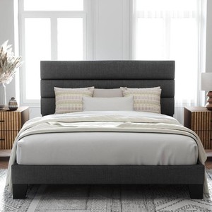 King  Size Platform Bed Frame with Fabric Upholstered Headboard