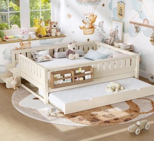 Queen with Built-In Bookshelves and Small Staircase, High-Quality Safety Rails, and Trundle, Beige