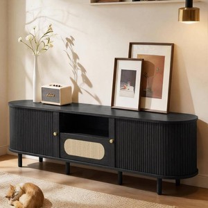 70 Tambour TV Stand with Power Outlet for TVs up to 80 in,Mid-Century Modern
