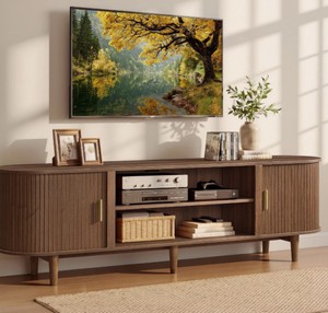 VASAGLE 70 Inch TV Stand, Mid Century Entertainment  Fluted Sliding Doors for 80 TV, Walnut ,