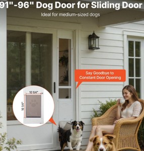Dog Door for Sliding Glass Door, 91-96 in Adjustable Height, Aluminum Frame, Locking, 10.25x16.25in Flap, for Medium Dogs & Renters