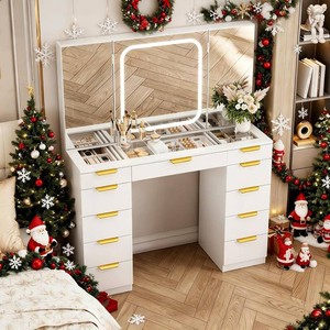 Pamapic 11 Drawers Vanity Desk with Foldable Mirror, Glass Top Makeup Vanity with LED Ligh