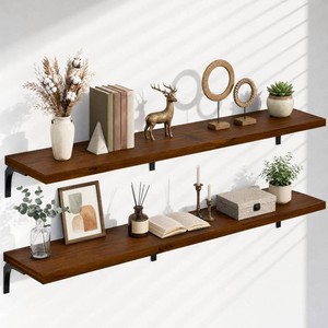 Deep Floating Shelves for Wall 72 Inch Pine Wood, Set of 2, Walnut