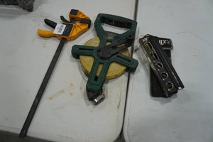 Reel Tape Measure, Clamp, and Level