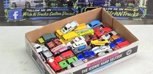 Box of Toy Die-Cast Vehicles and Trucks including Tonka Chevy Silverado and Gas Tanker, Mostly Maisto Brand but may be others mixed in