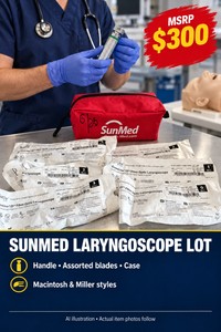 MSRP $300 SUNMED LARYNGOSCOPE HANDLE &amp ASSORTED LOT OF MACINTOSHMILLER BLADES, AIRWAY VISUALIZATION EQUIPMENT WITH CASE