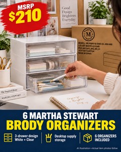 MSRP $210 NEW MARTHA STEWART BRODY 3-DRAWER ORGANIZERS - QTY 6 - CLEAR &amp WHITE DESKTOP STORAGE FOR OFFICE &amp HOUSEHOLD SUPPLIES