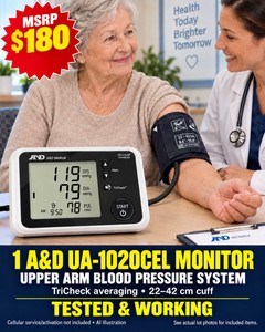 MSRP $180 NEW A&ampD UA-1020CEL BLOOD PRESSURE MONITOR, UPPER-ARM BLOOD PRESSURE MEASUREMENT WITH TRICHECK, 22-42 CM CUFF, CASE &amp INSTRUCTIONS