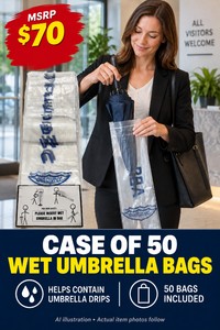 MSRP $70 - NEW CUSTOM SPECIALTIES WET UMBRELLA BAGS - QTY 1 CASE  50 BAGS - CONTAINS WATER DRIPS FROM WET UMBRELLAS IN LOBBIES &amp ENTRYWAYS