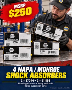 MSRP $250 NEW NAPAMONROE OESPECTRUM 37044 &amp REFLEX 911198 SHOCK ABSORBERS - QTY 4  2 OF EACH MODEL - REPLACEMENT VEHICLE SUSPENSION COMPONENTS
