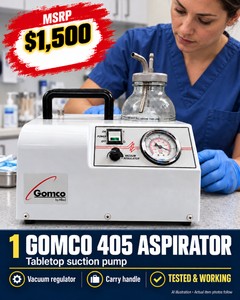 MSRP $1,500 - GOMCO 405 TABLETOP SUCTION ASPIRATOR PROVIDES REGULATED SUCTION WITH VACUUM GAUGE, COLLECTION BOTTLE &amp CARRY HANDLE - TESTED &amp WORKING
