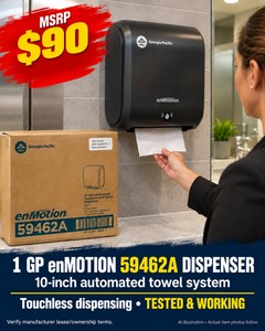MSRP $90 GP ENMOTION 59462A TOUCHLESS ROLL TOWEL DISPENSER, AUTOMATICALLY DISPENSES COMPATIBLE 10-INCH PAPER TOWELS FOR COMMERCIAL RESTROOMS, NEW IN BOX
