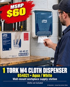 MSRP $60 NEW TORK W4 654021 FOLDED WIPERCLOTH DISPENSER, WALL-MOUNT DISPENSING OF COMPATIBLE WIPERS &amp CLOTHS, WHITE &amp AQUA