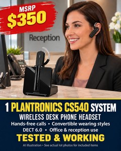 MSRP $350 PLANTRONICS CS540 WIRELESS DESK PHONE HEADSET SYSTEM, HANDS-FREE CALLING WITH DECT 6.0, CONVERTIBLE WEARING STYLES, BASE &amp ACCESSORIES - TESTED &amp WORKING