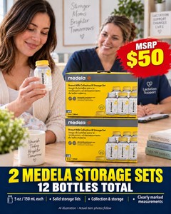 MSRP $50 MEDELA BREAST MILK COLLECTION &amp STORAGE SETS - 2 SETS  12 BOTTLES - SIX 5-OZ BOTTLES PER BOX WITH SOLID LIDS FOR MILK COLLECTION &amp STORAGE