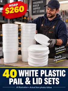 MSRP $260 - NEW WHITE PLASTIC PAILS WITH LIDS 40 SETS, STACKABLE CONTAINERS FOR BULK PARTS &amp SUPPLY STORAGE, GREAT FOR THE SHOP, THE PANTRY OR SCHOOL SUPPLIES