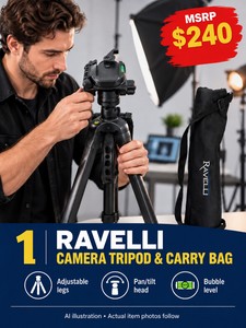 MSRP $240 RAVELLI CAMERA TRIPOD WITH CARRY BAG, STABILIZES PHOTO &amp VIDEO EQUIPMENT WITH ADJUSTABLE LEGS, PANTILT HEAD &amp BUBBLE LEVEL