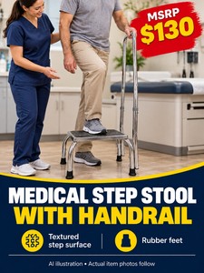 MSRP $130 MEDICAL STEP STOOL WITH HANDRAIL, PROVIDES A RAISED STEP WITH HAND SUPPORT, TEXTURED SURFACE, METAL FRAME &amp RUBBER FEET