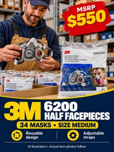 MSRP $550 - LOT OF 34 NEW 3M 6200 REUSABLE HALF FACEPIECE RESPIRATOR MASKS, SIZE MEDIUM, ADJUSTABLE STRAPS