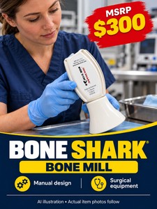 MSRP $300 BONE SHARK MANUAL BONE MILL, SURGICAL EQUIPMENT WITH PICTURED COMPONENTS, NEW IN BOX