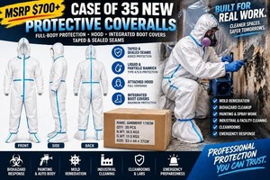 MSRP $700 NEW CASE 35 PROFESSIONAL DISPOSABLE PROTECTIVE BUNNY SUITS HOODED PPPE LAMINATED FULL-BODY COVERALLS - TAPED &amp SEALED SEAMS, BOOT COVERS, FOR BIOHAZARD, LABORATORY, PAINTING &amp MOLD REMEDIATION