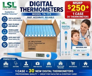 MSRP $250 1 CASE 30 NEW IN BOXES LSL HEALTHCARE DIGITAL THERMOMETERS, MODEL TA-173, FAST-READ CLINICAL THERMOMETERS WITH LCD DISPLAY, PERFECT FOR CLINICS, DOCTORS, NURSES, FIRST AID KITS, SCHOOLS & HEALTHCARE FACILITIES